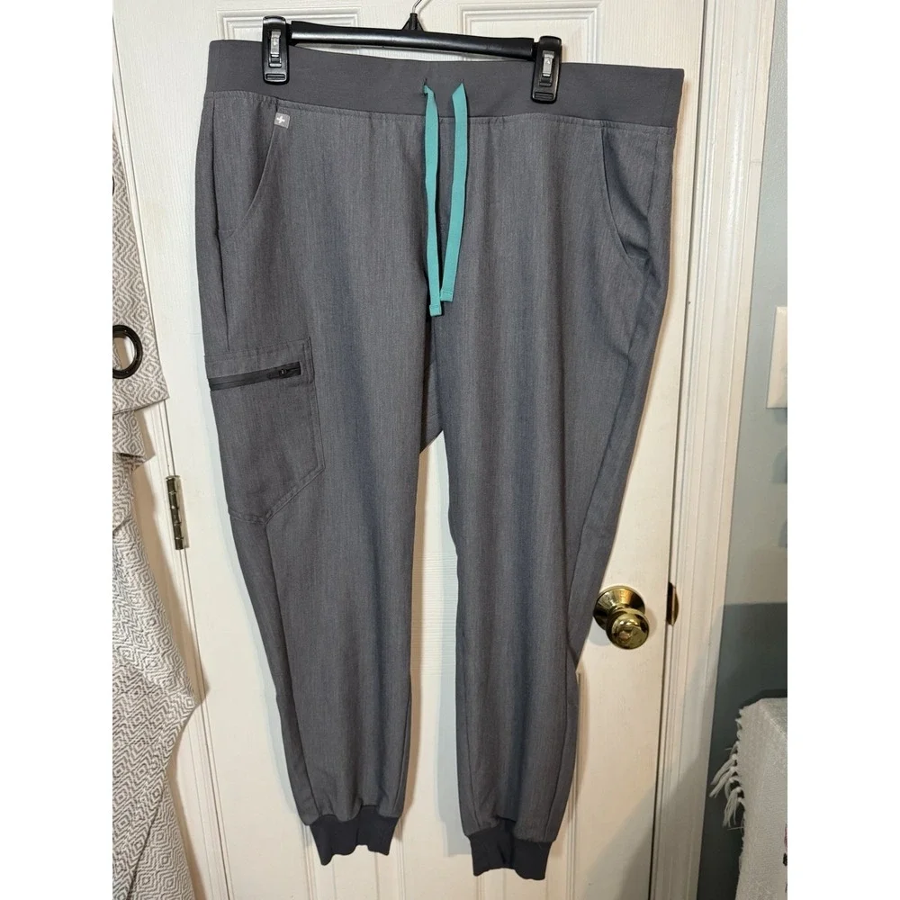 FIGS Zamora Jogger Scrub Pants Gray Teal Zip Cargo Pocket XL